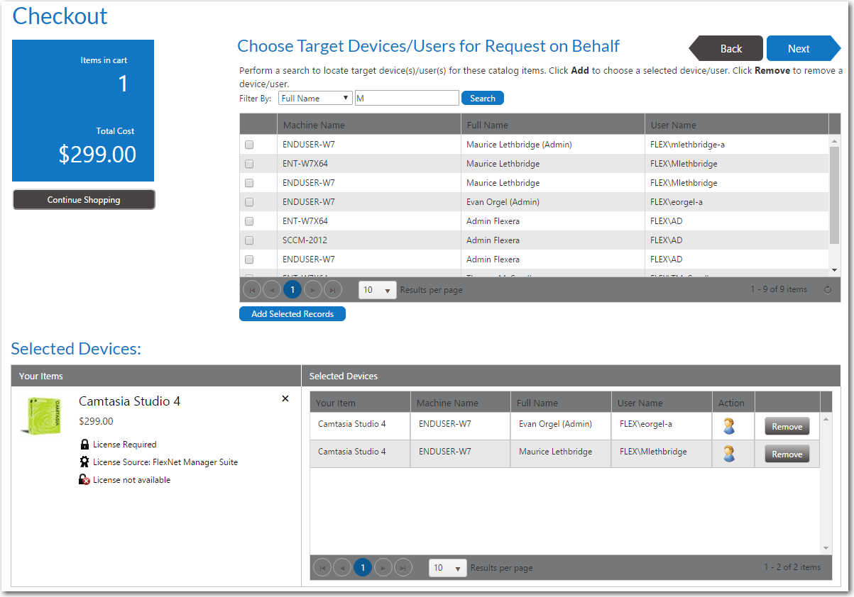 Choose Target /Users for Request on Behalf Panel of Checkout / Users or
