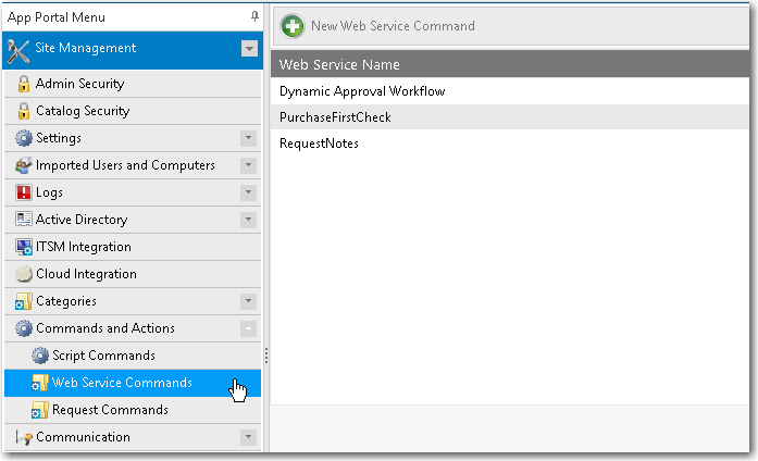 Commands and Actions &gt; Web Service Commands View